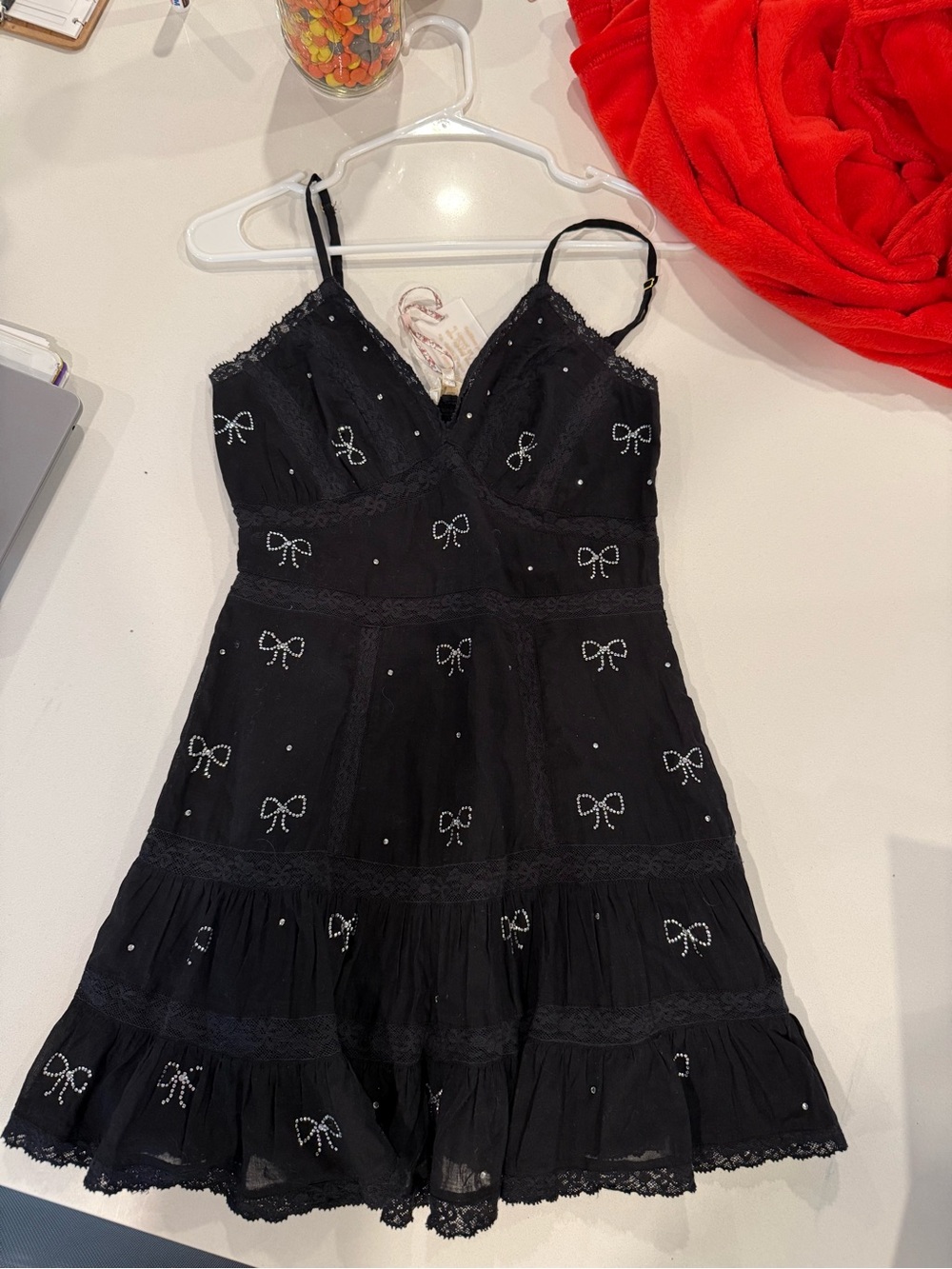 LoveShackFancy Black Bow-Embellished Spaghetti Strap Dress